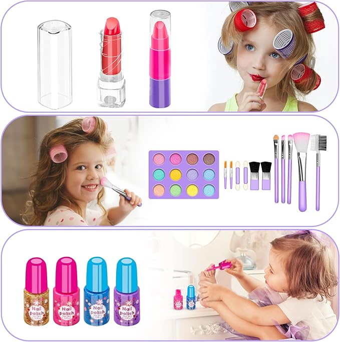 Hollyhi 58 Pcs Kids Makeup Kit for Girl, Princess Toys Real Washable Cosmetic Set with Mirror, Kids Makeup Sets for Girls, Play Make Up Birthday Gifts for 3 4 5 6 7 8 9 10 11 12 Years Old Kid(Purple)