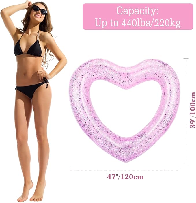 HeySplash Pool Floats, Adult Size Heart Inflatable Pool Floatie for Bachelorette Party, Swim Tube Rings, River Lake Beach Floaty, Wedding Bride Valentine Fun Toy Raft Lounge for Kids, Glitter Pink