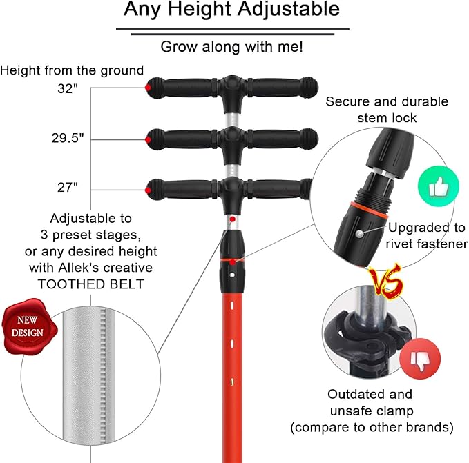 Allek Kick Scooter B03, Lean 'N Glide 3-Wheeled Push Scooter with Extra Wide PU Light-Up Wheels, Any Height Adjustable Handlebar and Strong Thick Deck for Children from 3-12yrs (Red)