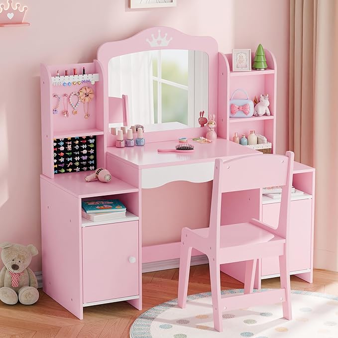 MU Kids Vanity, Girl Vanity Set with Mirror and Stool, 2 in 1 Toddler Makeup Vanity Table with Jewelry Storage, Wooden Princess Makeup Desk Dressing Table for Little Girls, (Pink)
