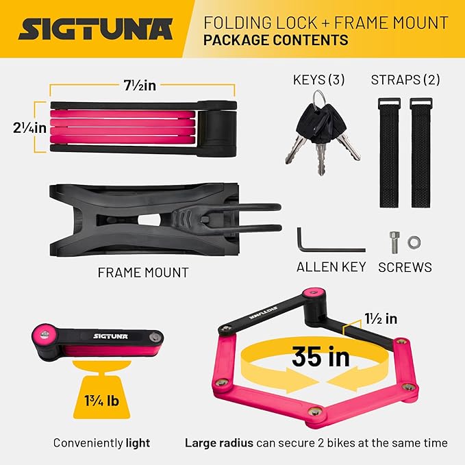 SIGTUNA Folding Bike Lock - Hardened Steel 8mm Fold-Up Heavy Duty Bike Lock with Easy Mounting, Secure Lock and Anti-Scratch Coating - Easily Keep Bike Secure and Paintwork Undamaged - Bicycle Lock