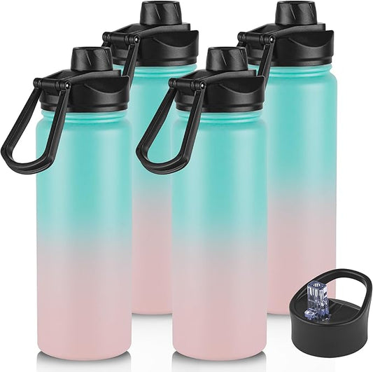 24oz Insulated Water Bottle with Straw Lid, Stainless Steel Metal Water Bottle with Straw & Wide Mouth Lid, Double Wall Vacuum Water Bottle for Hiking Camping, Bubble Gum 4 Pack