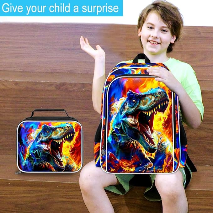 17" Dinosaur Backpack for Boy, 3Pcs Fire Bookbag for Elementary Preschool Kindergarten, Kids School Backpacks with Lunch Box (Red)
