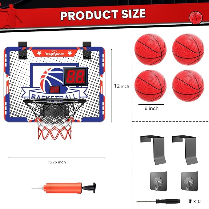 EagleStone Kids Indoor Basketball Hoop, 4 Balls Mini Basketball Toy for Toddlers