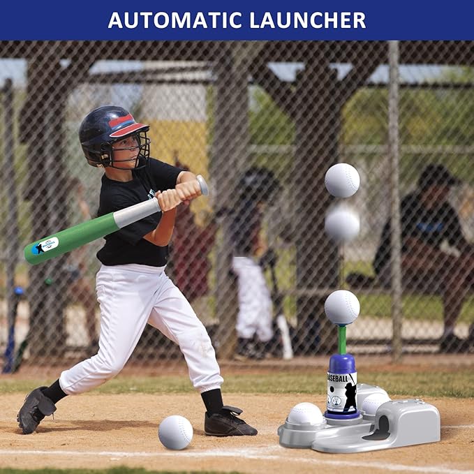 QDRAGON 2 in 1 T Ball Sets for Kids 3-5 5-8, Tee Ball Set with Automatic Pitching Machine/Adjustable Batting Bat & Stand/6 Balls, Baseball Toys Outdoor Sport for Toddlers Boys, Blue