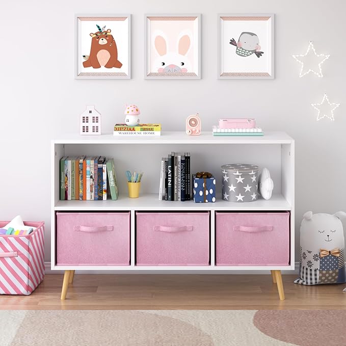 2-Tier Bookcase Bookshelf with Collapsible Fabric Drawers,Cute Book Display Storage Cabinet Organizer for Playroom Livingroom (Pink 2)