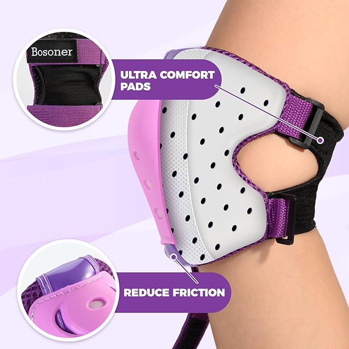 BOSONER Knee Pads for Kids Roller-Skating: Adjustable Protective Gear Set Knee Elbow Pads Wrist Guards for Bike Cycling Skateboarding Scooter Gifts 3-8/9-15 Years Boys Girls