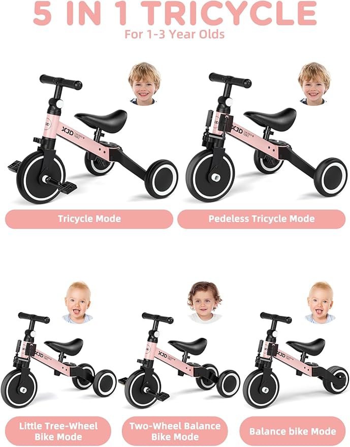 ﻿XJD 5 in 1 Toddler Bike, Tricycle for Toddlers 1-3 with Adjustable Seat Height, Removable Pedals, Ideal Balance Bike Birthday Gifts and Toys for Boys and Girls