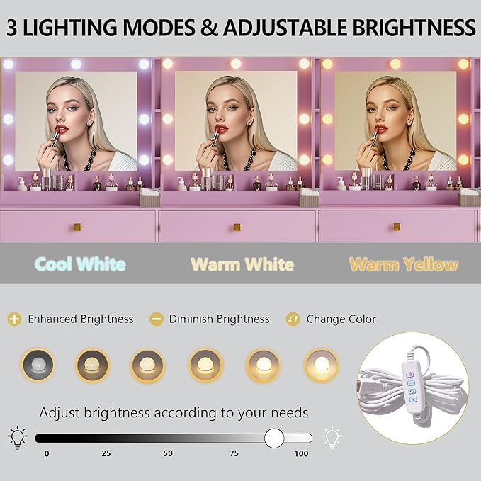 Vanity Desk with Mirror and Lights, Small Makeup Vanity Table with RGB Storage Cabinet & Power Strips & Shelves, 3 Lighting Modes & Adjustable Brightness, Dressing Table for Women Girl Bedroom, Purple