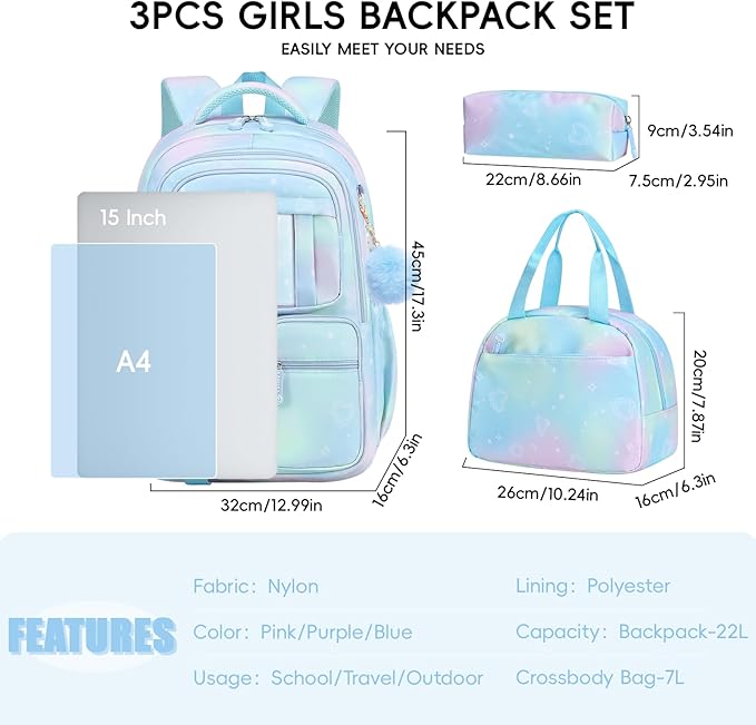 Tanou Backpack with Lunch Box for Girls, Kawaii Set School Bag for Kid Elementary Middle School, Aesthetic Laptop Bookbag Lightweight, Blue