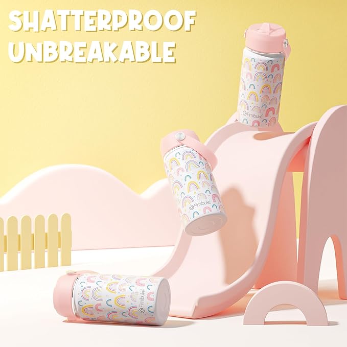 Fimibuke Kids Insulated Water Bottle, 14oz BPA FREE Double Wall Vacuum Tumbler 18/8 Stainless Steel Leak Proof Kids Cups with Straw Metal Water Bottle for School Boy Girl (2 Pack, RAINBOW/MERMAID)