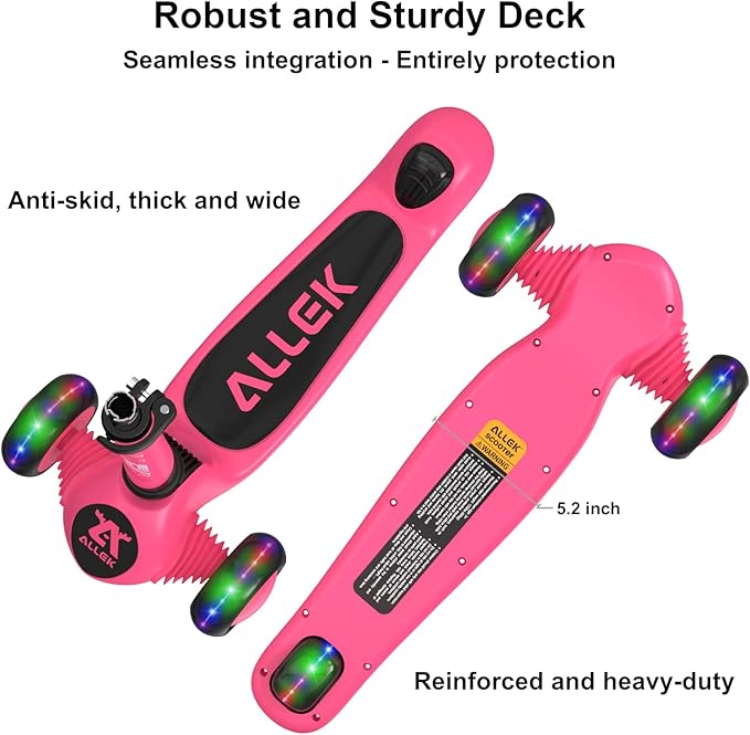 Allek Kick Scooter Foldable F02, 3-Wheel LED Flashing Glider and 4 Adjustable Height with Anti-Slip Thick Deck Push Scooter for Children 3-12yrs