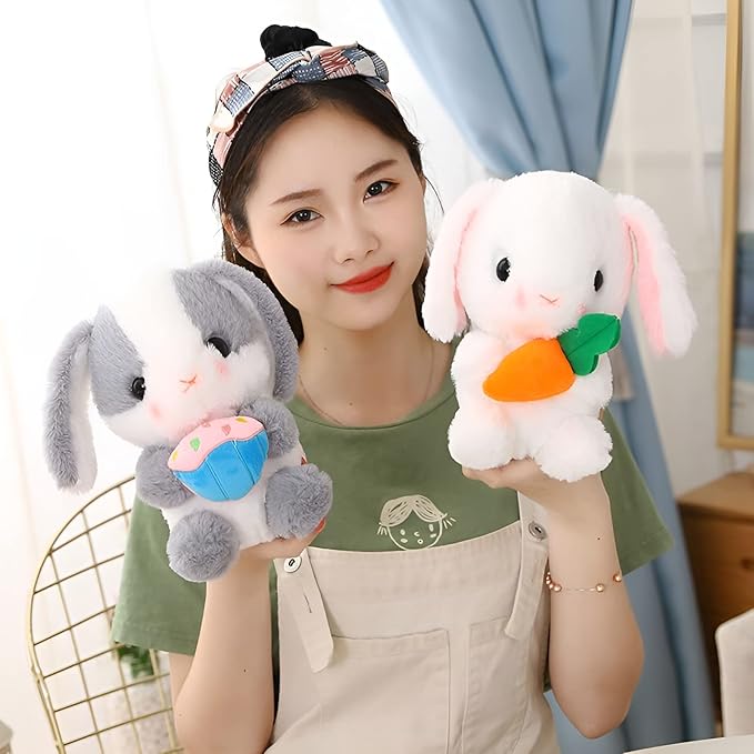 HOUPU Soft Toy - Sitting Lop Eared Rabbit, Easter White Rabbit Stuffed Bunny Animal with Carrot Soft Lovely Realistic Long-Eared Standing Pink Plush Toys (Pink-Strawberry,16.9in/43cm)