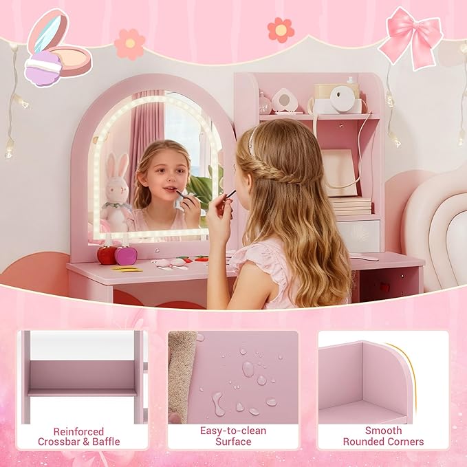 Costzon Kids Vanity with Lights, Girls Vanity Set with Mirror, Storage Drawer, Hooks & Shelves, Toddler Makeup Vanity Desk Dressing Table, Wooden Kids Vanity Table and Chair Set (Pink)