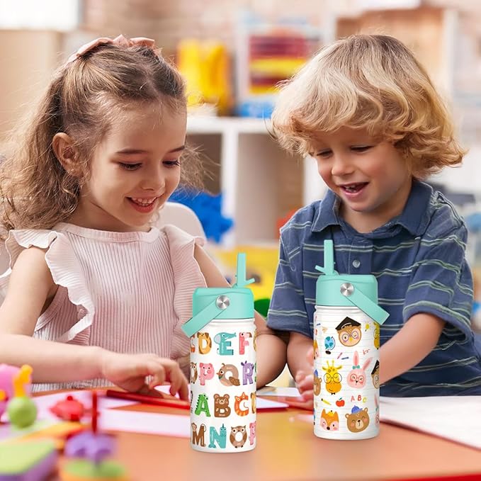 Alphabet Kids Water Bottle with Straw Lid 12oz Insulated Stainless Steel, Travel Tumbler, Animal Gifts for Boys Girls, Birthday, Christmas, Back to School