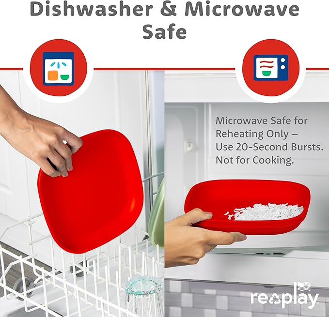 Re-Play Toddler Plates - 22 Oz. Deep-Walled Flat Kids Plates - Dishwasher & Microwave Safe - Made in USA - Set of 6-7.37" x 7.37" x 1.25" - Crayon Box