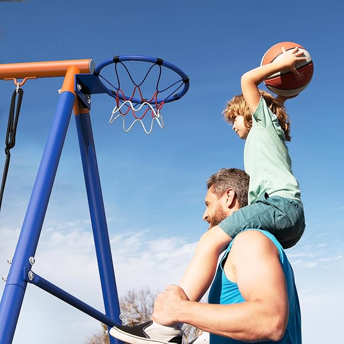 5-in-1 Kids Swing Sets for Backyard with Trampoline, 880lbs Heavy-Duty A-Frame Stand Metal Outdoor with 32 inch Saucer & Belt Swing, 55 inch Trampoline, Basketball Hoop, Led Light & Anchors