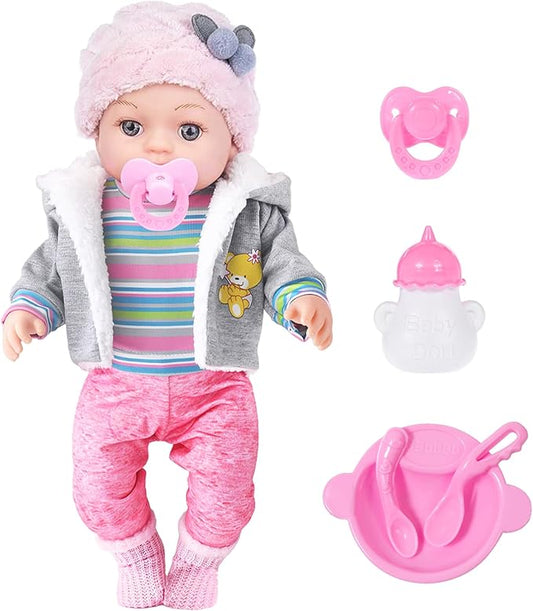 12 Inch Baby Doll - 12" Lifelike Baby Doll with 3-Piece Outfits, 4 Accessories & Feeding Playset - Realistic Rosy Cheeks & Blue Eyes, for Kids