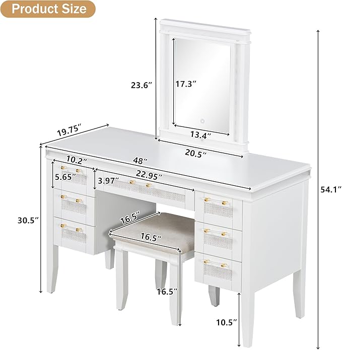LUMISOL Makeup Vanity Desk with Mirror and Lights, 3 Lighting Modes, 48" Vanity Table with 7 Bamboo Weave Drawers, Dressing Table Set with Cushioned Stool, Light Beige