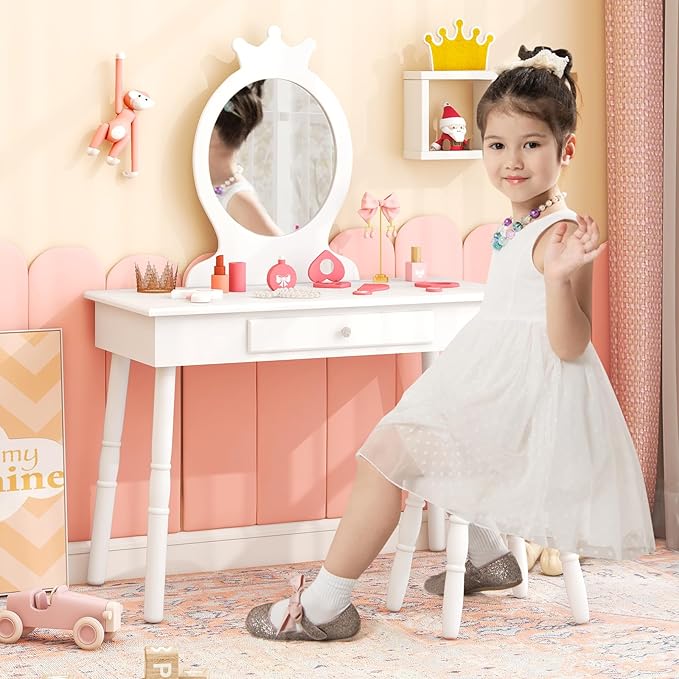 HONEY JOY Kids Vanity, Crown Shape Princess Makeup Dressing Table and Chair Set w/Drawer, Cushioned Toddler Vanity Stool, Real Glass Mirror, Wooden Little Girls Vanity Set with Mirror and Stool(White)