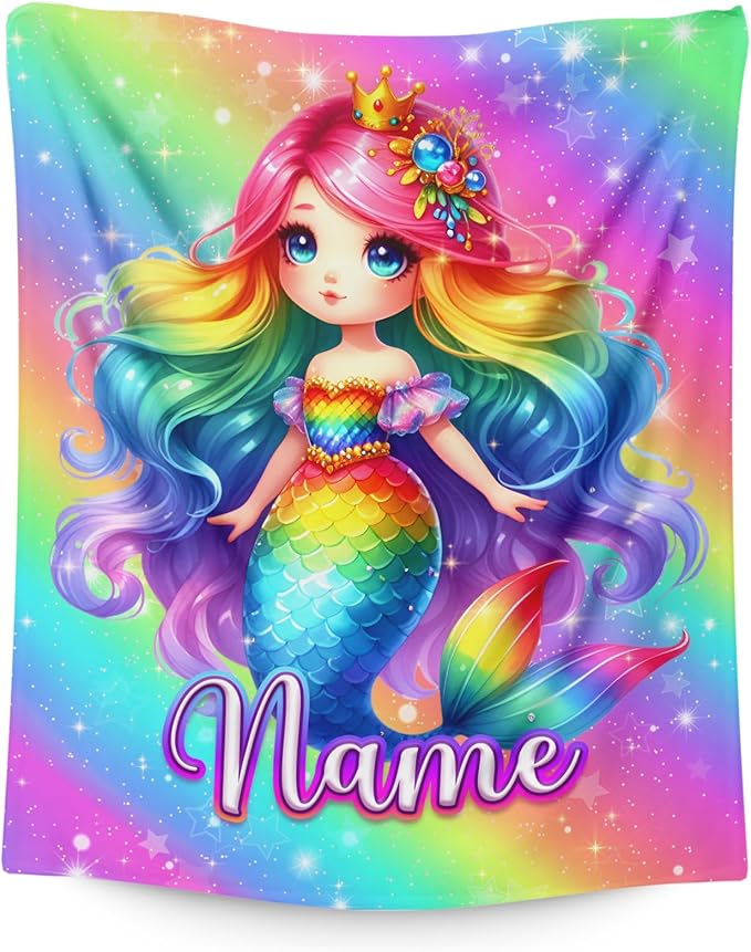 Girls Blanket Personalized Mermaid Throw Blankets Gift for Kids Teens Age 8-12, 50x60 Inches Comfy Soft Custom Flannel Throw for Couch Bedroom Living Room Decor Cute Stuff Gifts Ideas