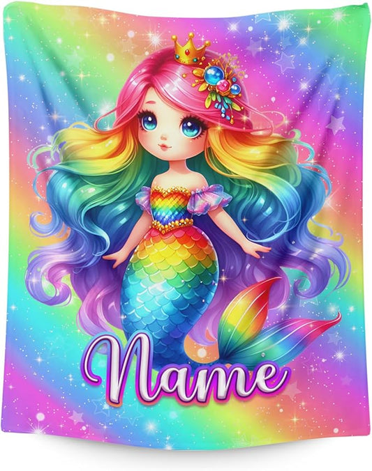 Girls Blanket Personalized Mermaid Throw Blankets Gift for Kids Teens Age 8-12, 50x60 Inches Comfy Soft Custom Flannel Throw for Couch Bedroom Living Room Decor Cute Stuff Gifts Ideas