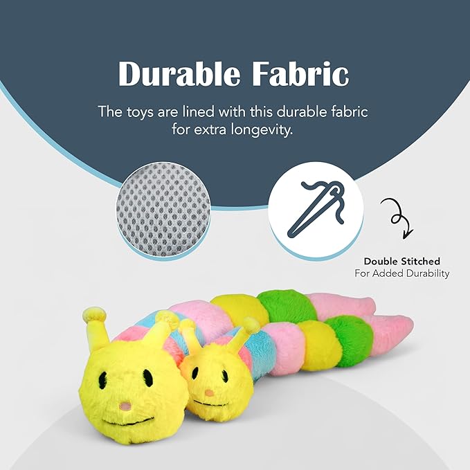 Flourish Pets 3 in 1 Multi-Layer Chew Toy for Active Dogs | Non-Toxic BPA Free Double Stitched Soft Fabric Exterior Dog Toys | Long-Lasting Dog Plush Toys - Small Catterpillar (20″)