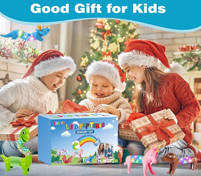 LED Animal Pop Tubes Fidget Toys 10PCS, Sensory Toys for Autism & Stress Relief, Travel Toys for Car and Airplane, Christmas Stocking Stuffers for Kids & Toddlers