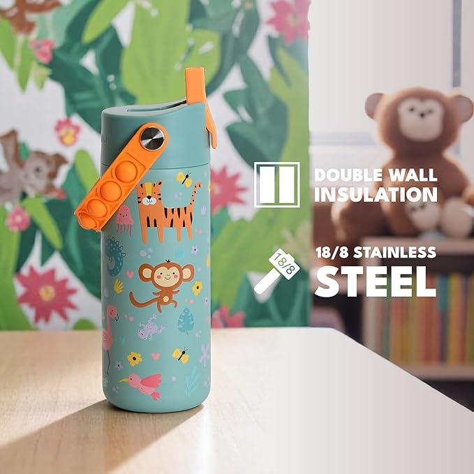 Elemental Insulated Kids Water Bottle, Stainless Steel Water Bottle with Straw Lid & Pop-It Handle, Leak-Proof Water Bottles for School, Boys or Girls, Travelling and Sports, 18oz - Safari