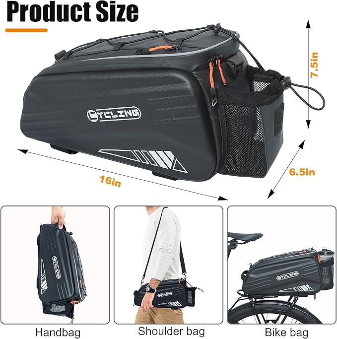 Bike Bags for Bicycle Rear Rack - 10L EVA Hard Shell Waterproof 3-in-1 Ebike Trunk Cargo Pannier Bag with Reflective Strip & Shoulder Strap for Commuter Travel Outdoor Cycling Accessories