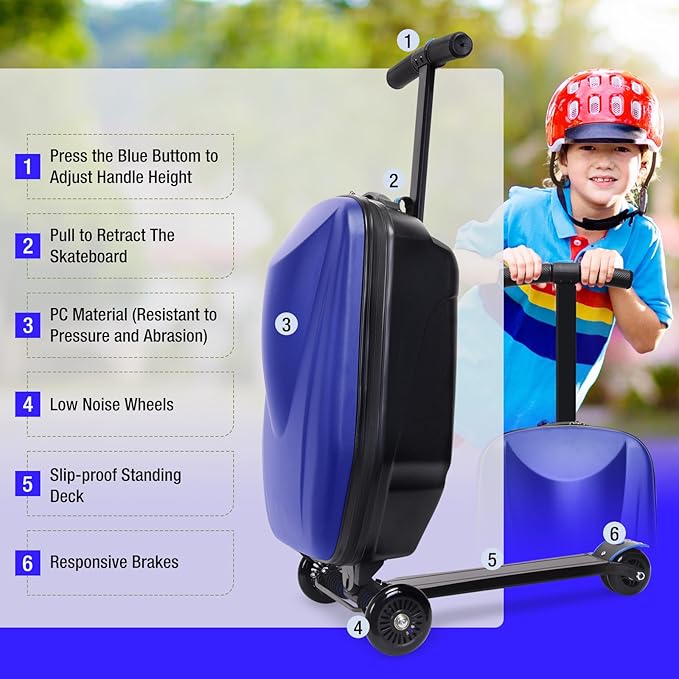 20" Kids Scooter Suitcase Ride-On Carry-On - 2-in-1 Lightweight Hardshell Luggage for Airplane Travel, Foldable Rolling Suitcase for Boys & Girls Ages 4-12