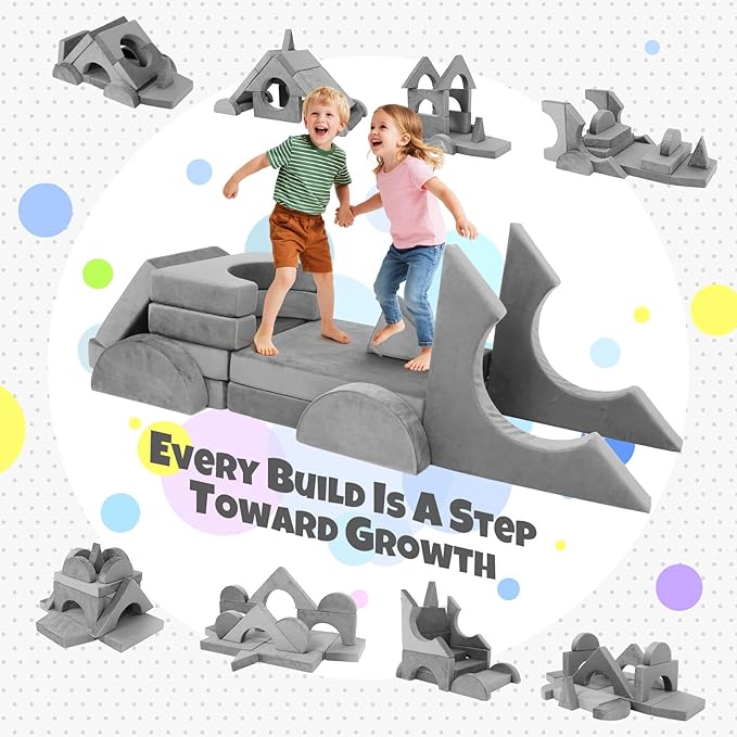 15 Pcs Modular Kids Play Couch, Toddler Couches That Fold Out, Plush Foam Chair for Children’s Playroom, Velvet Fabric Convertible Foam and Floor Cushion for Boys and Girls (Gray,27)