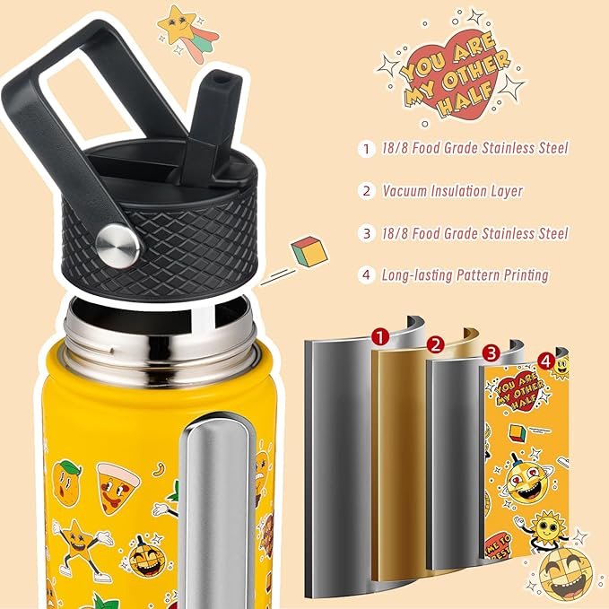 BJPKPK Insulated Water Bottle with Straw Lid, 18 oz Stainless Steel Metal Water Bottles, Reusable Leak Proof BPA Free Water Bottles, Cups, Thermo, Hawaii Fruits-Yellow
