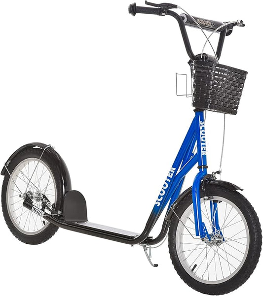 Aosom Youth Scooter, Kick Scooter with Adjustable Handlebars, Double Brakes, 16" Inflatable Rubber Tires, Basket, Cupholder
