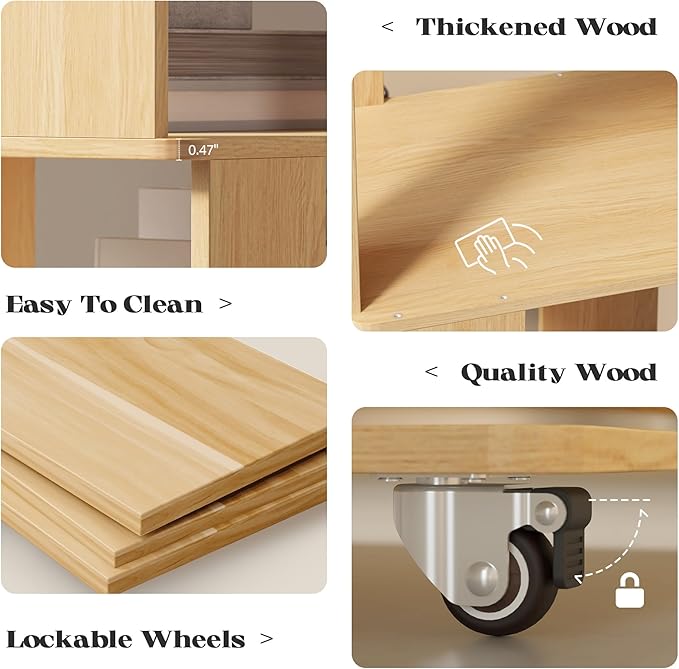 4 Tier Solid Wood Rotating Bookshelf Tower on Wheels, 360° Upgrade Spinning Book Shelf, Revolving Bookcase Organizer, Swivel Bookshelves for Small Spaces, Corner, Bedroom, Kids Room, Office (Natural)