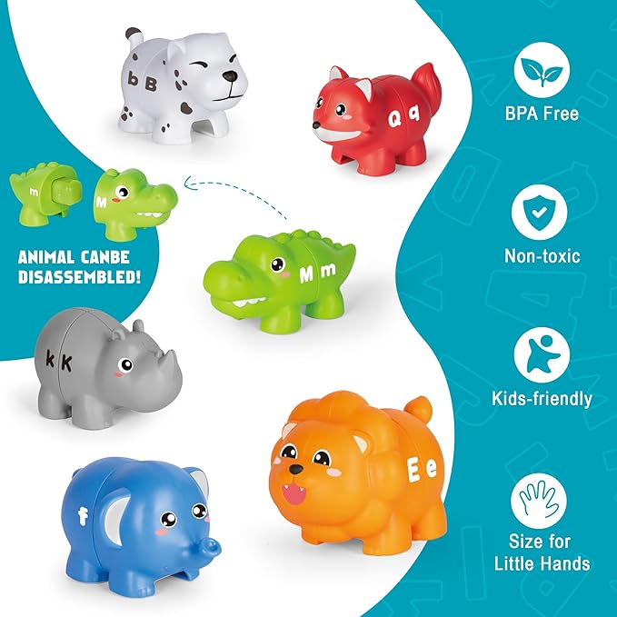 Learning Toys for 2 3 4 Year Old, 52 Pcs ABC Animal Alphabet Match Game with Uppercase Lowercase, 10 Different Animal Figures, Preschool Activities Montessori Fine Motor Toys for Toddlers Kids