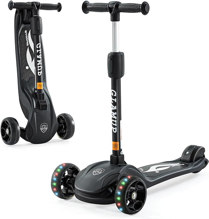 GLAMUP Kids Kick Scooter 3 Wheels, Kids Scooter Height Adjustable Handlebar, Lean-to-Steer System & Easy-Folding Mechanism, Ages 3-14 Boys and Girls