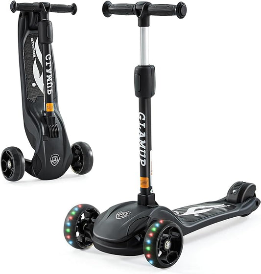 GLAMUP Kids Kick Scooter 3 Wheels, Kids Scooter Height Adjustable Handlebar, Lean-to-Steer System & Easy-Folding Mechanism, Ages 3-14 Boys and Girls