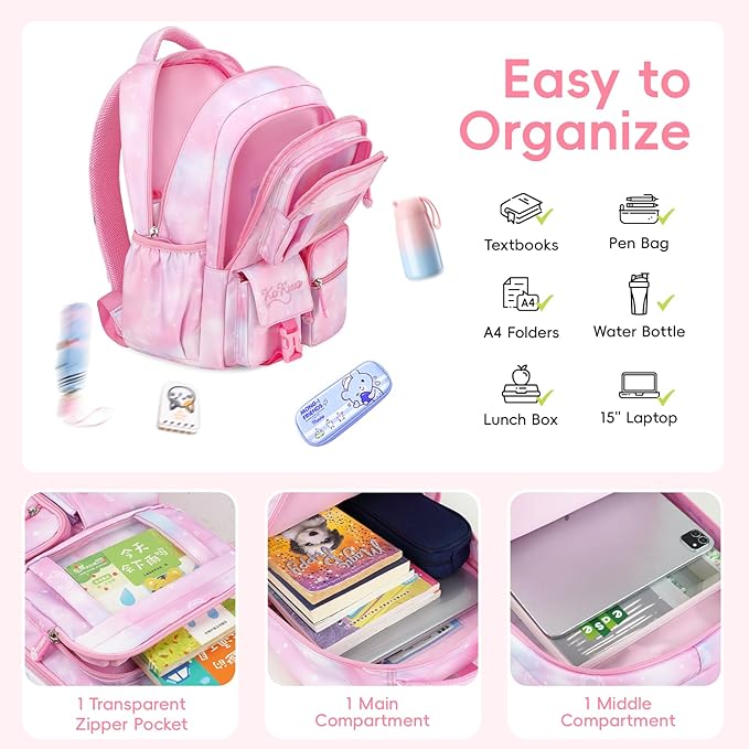 Tanou Backpack with Lunch Box for Girls, Kawaii Set School Bag for Kid Elementary Middle School, Aesthetic Laptop Bookbag Lightweight, Pink