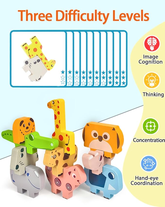 Montessori Toys for 1 2 3 Year Old Boys Girls, Toddler Toys Age 2-4, 10 Pack Wooden Animal Blocks Sorting & Stacking Education Toddler Puzzles Toy,1 2 3 Year Old Girl Boy Birthday Gifts