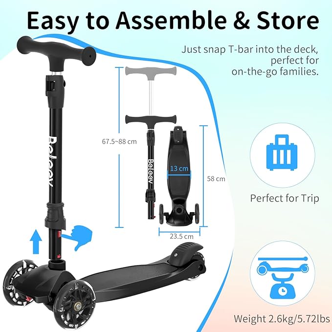 BELEEV Scooters for Kids 3 Wheel Kick Scooter for Toddlers Girls Boys, 4 Adjustable Height, Lean to Steer, Light up Wheels, Extra-Wide Deck, Easy to Assemble for Children Ages 3-12 (Rose Pink)