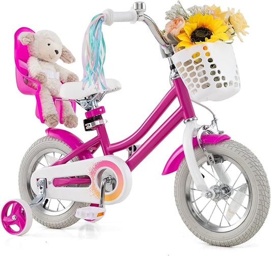 BABY JOY Kids Bike, 12 14 16 18 Inch Children Bicycle w/Detachable Training Wheels, Storage Basket, Adjustable Seat & Handlebar, Bow or Streamer, Girls Bike for 3-8 Years Old