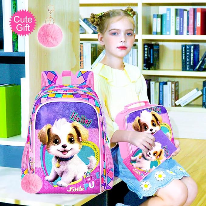 CCJPX 3PCS Kids Backpack for Girls, 16”Dog School Bookbag Set, Cute Water Resistant Elementary School Bag for Preschool Kindergarten Toddler