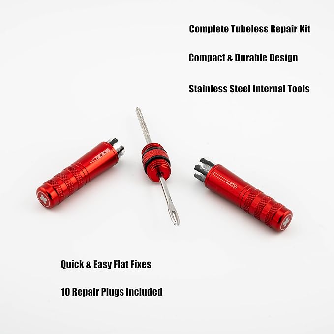 Tubeless Tire Repair Kit – Ultra-Light MTB & Road Bike Flat Fix – 7075 Aluminum Plug Tool with Reamer – 10 Tire Bacon Strips – Easy Compact Bike Repair Kit