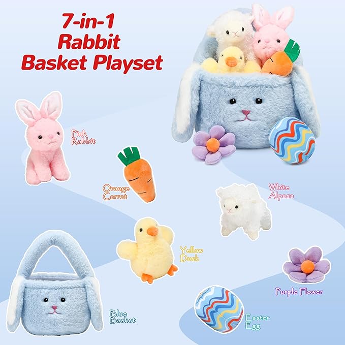 7 Piece Plush Stuffed Animals Playset Toys with Rabbit, Chick, Lamb, Carrot, Egg, Flower, Furry Bag, Soft Basket Set Toys for Girls Kids Ages 3+, Birthday Christmas Valentines Easter Party Favors