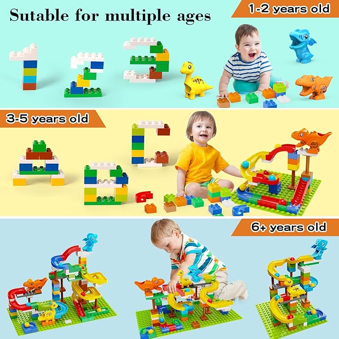 Building Blocks for Kids Toddlers 3 4 5 6 7 8+ Year Old, 127-piece Large Classic Building Bricks, Dinosaur Marble Run with 2 Baseplate for Boys Girls All Ages, Compatible with All Major Brands