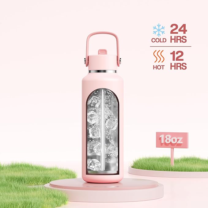 POWCAN 18 oz Water Bottle Insulated: Leakproof, Cold for 24H, CupHodler Friendly, Lid with Straw and Handle, Lightweight, Stainless Steel Water Bottle Kids for Camping, Gift for Girls (Cotton Candy)