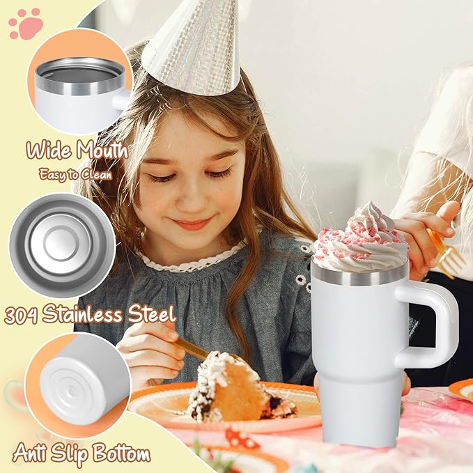 Cosictic 14 Oz Tumbler with Handle and Straw for Kids, Stainless Steel Double Wall Vacuum Insulated Cup for Children, 14 Oz Cups for Kids (Wihte)