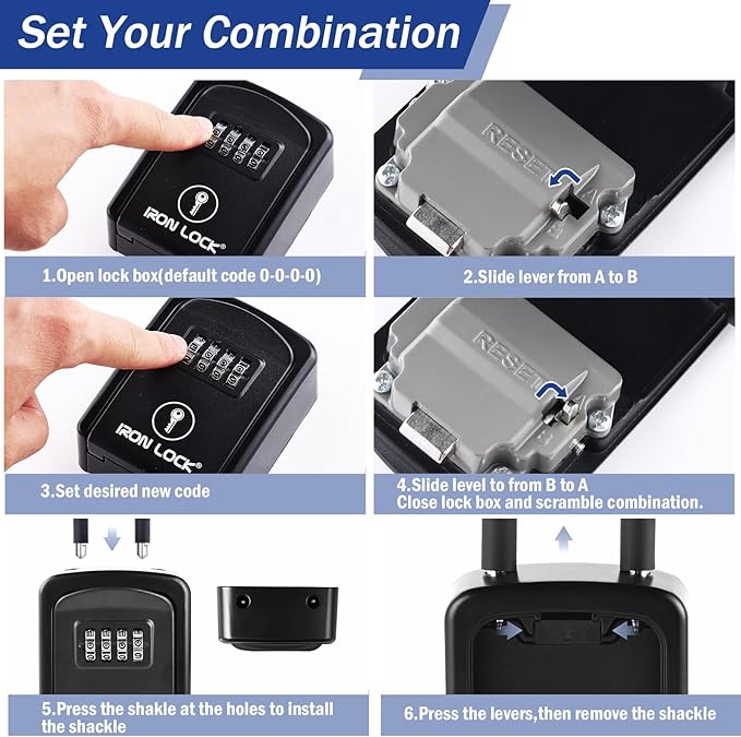 Iron Lock® Portable Key Lock Box with Removable U-Shackle Indoor Outdoor Waterproof 4 Digit Combination Resettable Code with A B Switch Key Lockbox for Outside Spare Keys for Realtors (Small, Black)