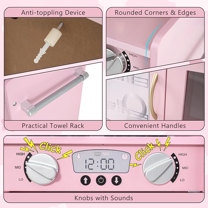 Costzon Kids Kitchen Playset, Wooden Pretend Cooking Toy Set w/Sound, Large Blackboard, Telephone, Microwave, Ice Maker, Dishwasher, Oven, Storage Space, Play Kitchen for Kids Ages 3+ (Light Pink)